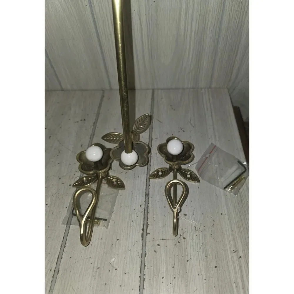 Anthropologie Nena Brass Towel Bar & 2 Gold Bath Hooks Flower Ends With Pearls